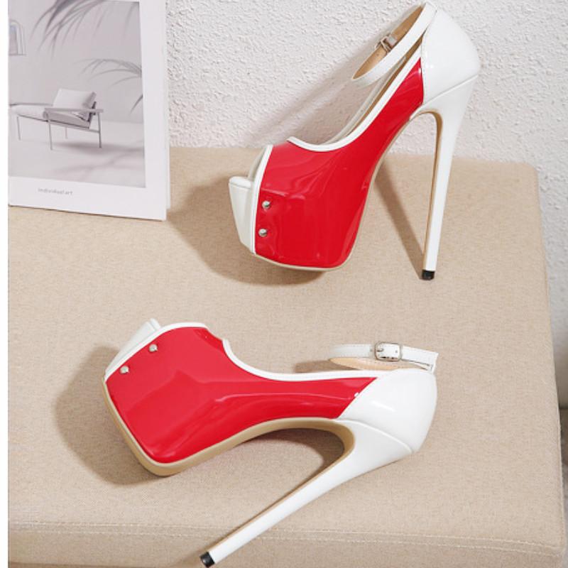 Fashion Patchwork Buckle Slide Sandals Women 16 Cm Super High Heel Large Size Women Sandals Comfortable Patent Leather Party Dress Shoes