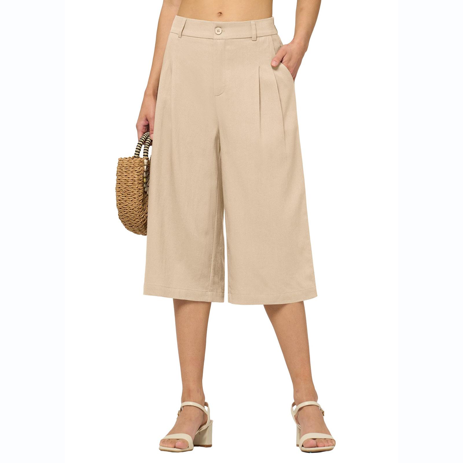 

Women’s Knee Length Wide Leg Pleated Culottes with Button Waistband and Belt Loops for Casual Wear L бежевый