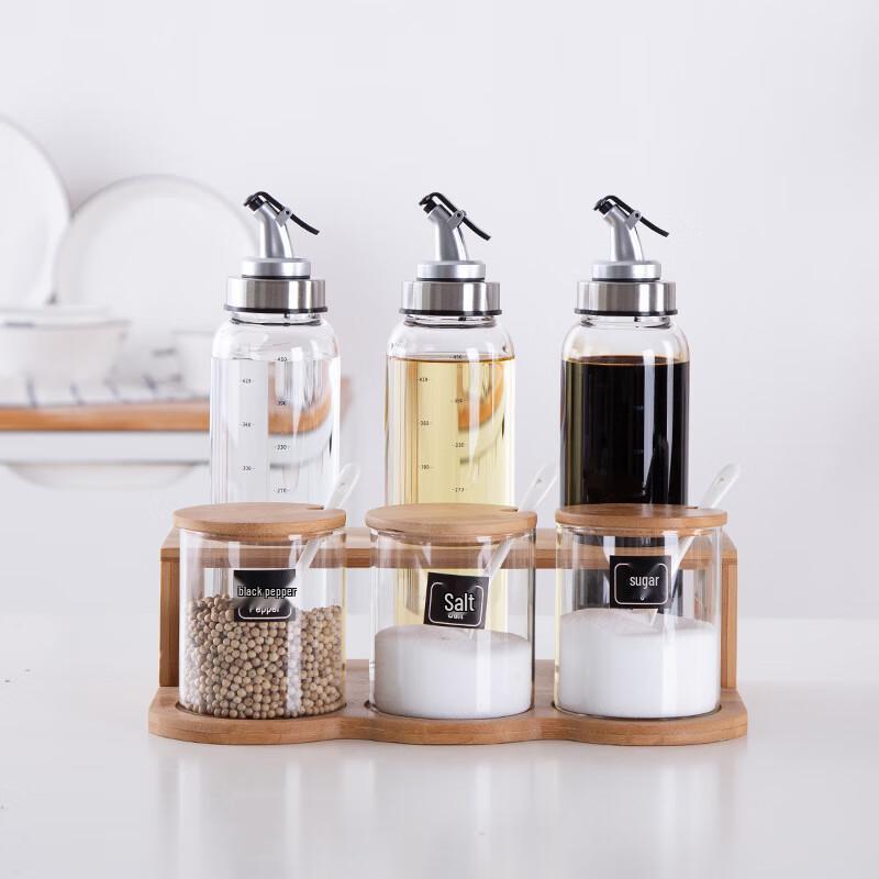 Qianxing Glass & Bamboo Tabletop Condiment Jar Set