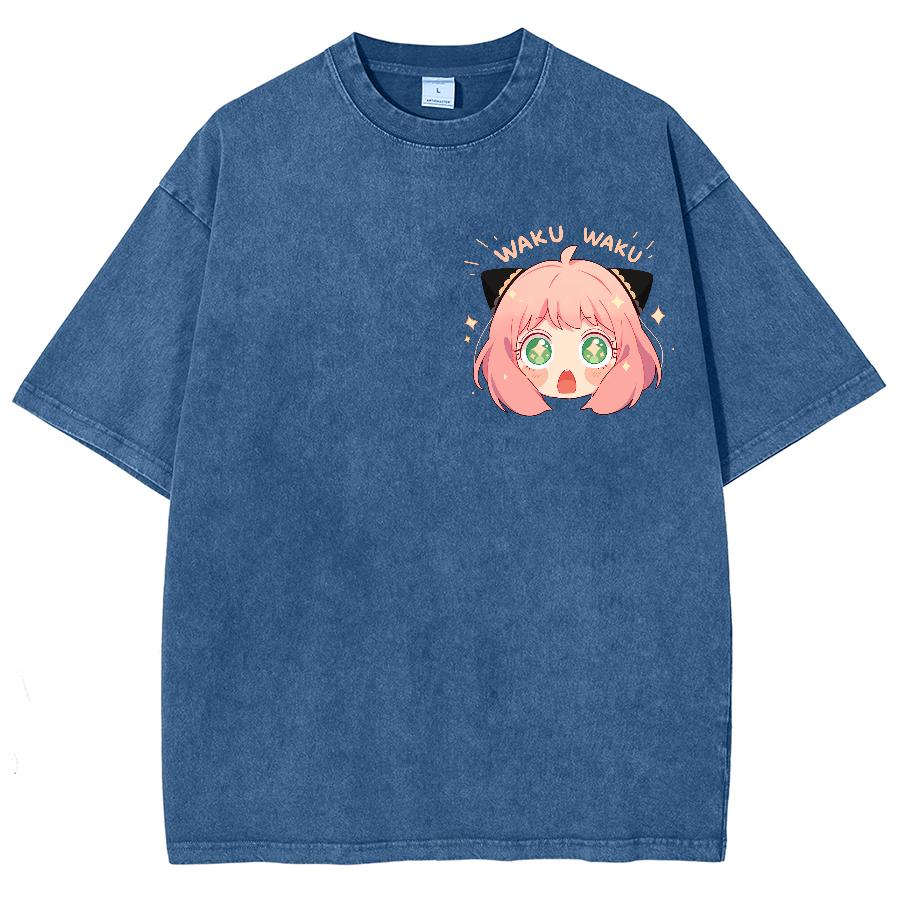 Vintage Casual Prany Denim Luźny T-shirt Kreskówkowy Nadruk Postaci Anime Streetowa Moda Amerykańska Wygodny Design