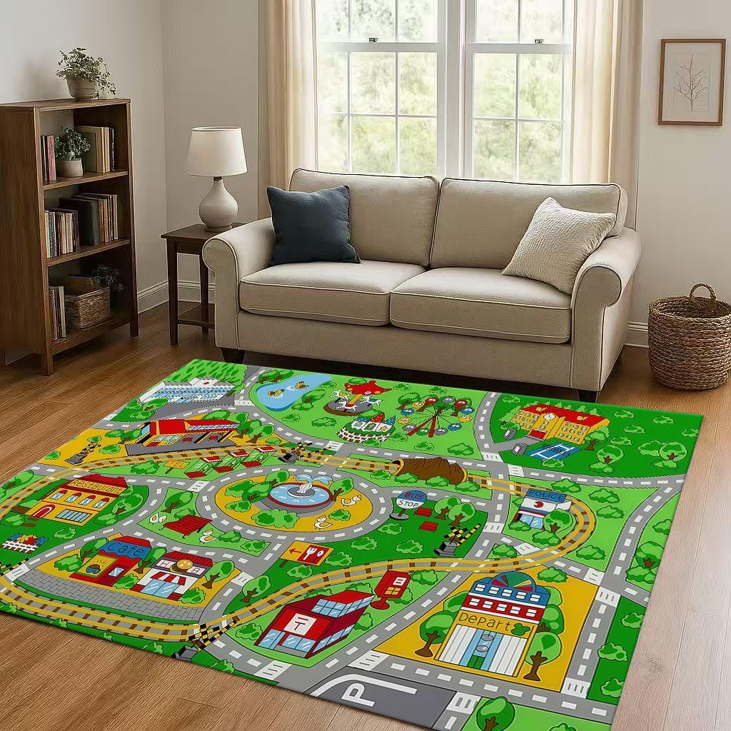 City Street Road Traffic Race Track Child Interaction Game Cartoon Living Room Kid Playroom Non-Slip Area Rug Carpet for Bedroom