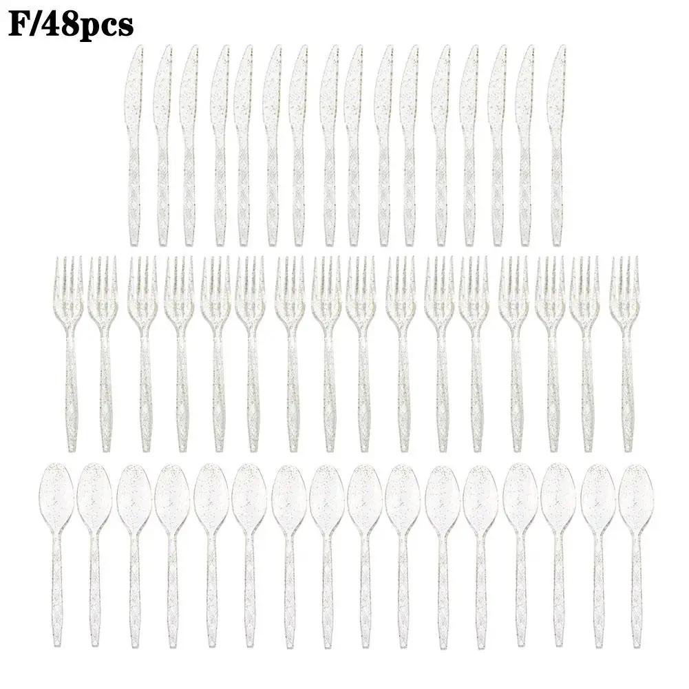 48pcs/Set Plastic Cutlery Spoons Forks Knife Flatware Reusable Tableware Disposable Plastic Tableware Knife, Fork And Spoon
