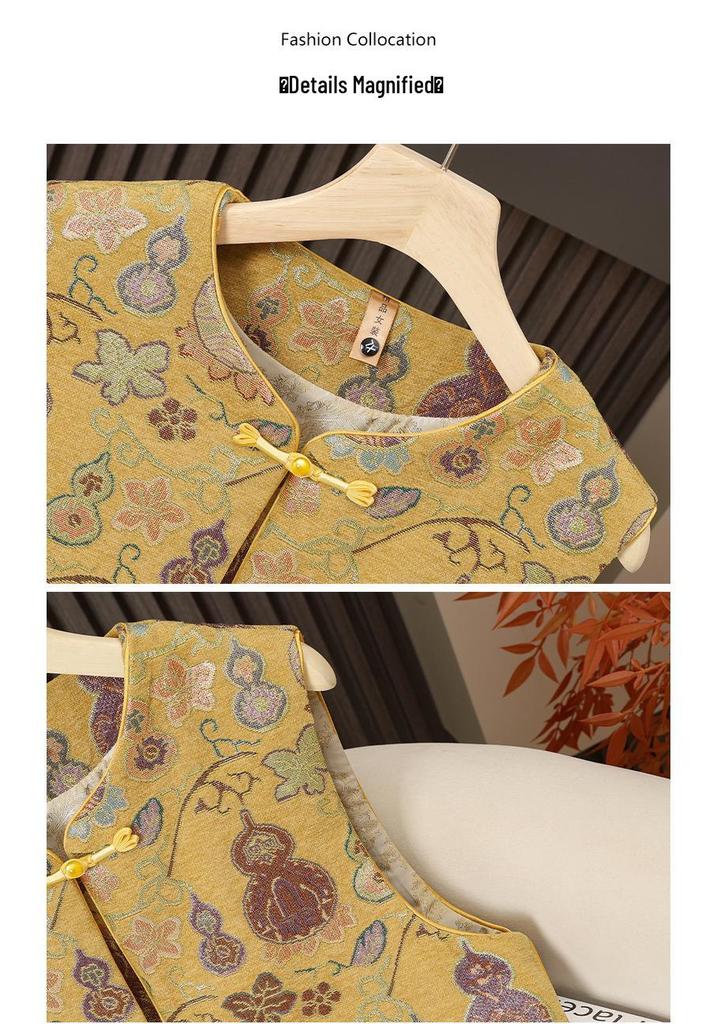 Dames Retro Chinese Kalebas Jacquard Vest, Lente/Herfst Ronde Hals met Kikkerknopen