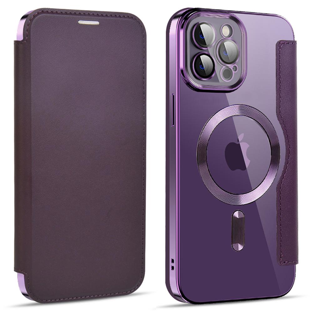 For iPhone 11 Pro Max 6.5 inch Compatible with MagSafe RFID Blocking Card Slots PU Leather+TPU Electroplating Clear Back Flip Case with Lens Film