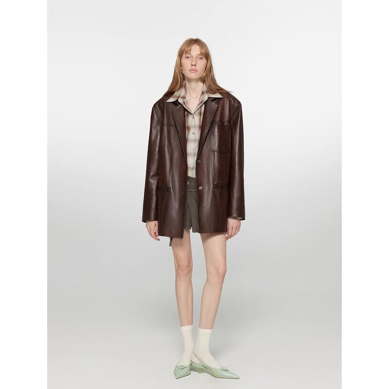 Fuzhien Premium Vintage Leather Blazer Jacket for Women