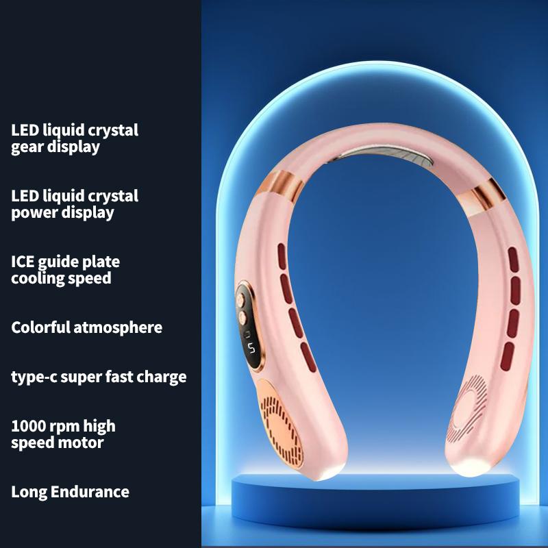 Wireless Neck Fan, Neck Cooling Device, Strong Wind with Silent Operation, Battery Durability, with Light, for Summer Cooling