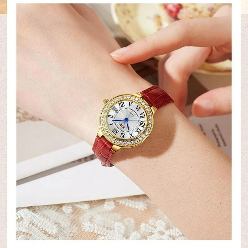 New Fashionable Casual Retro Style Inlaid Diamond Round Women's Quartz Watch Waterproof Retro Leather Watches