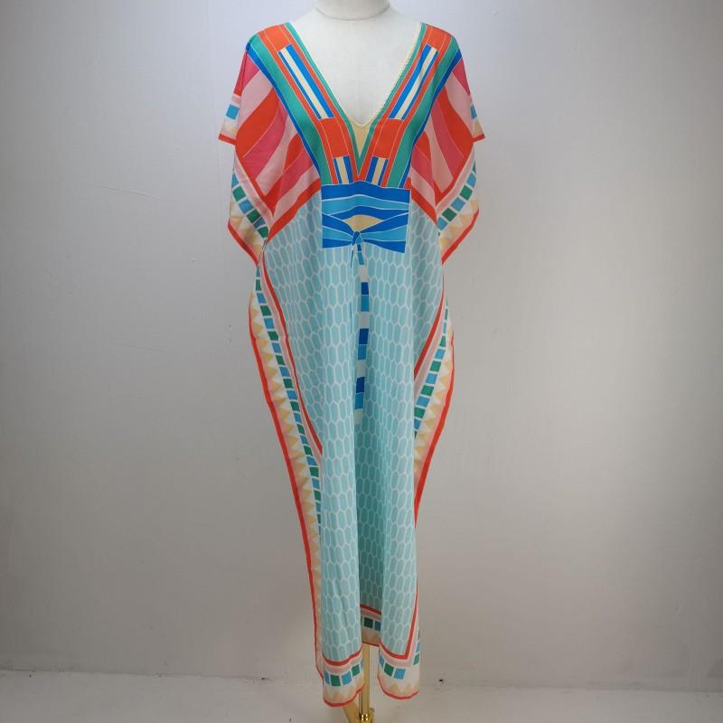 Quick-Dry Beach Cover Up Dress With Front Back V-Neck Loose Fit Printed Tunic Women Swimming Vacation