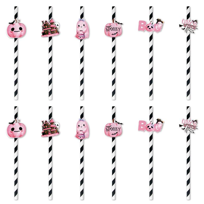 12pcs Pink Halloween Straws Ghost Skeleton Spider Drinking Paper Straws Halloween Party Decoration Trick or Treat Paper Straws