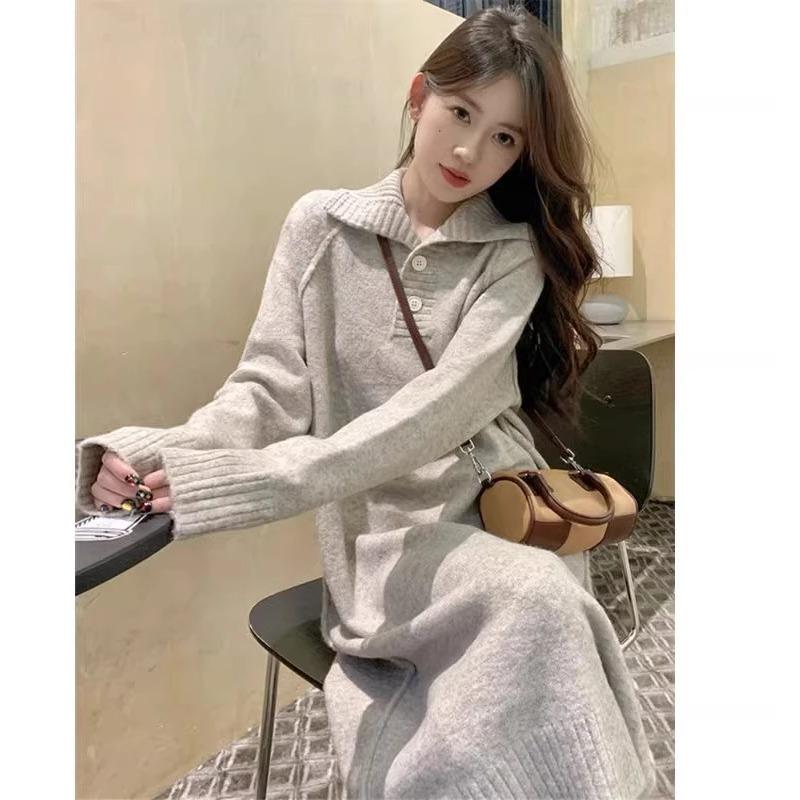 Women's Polo Collar Knitted Dress Loose French Sle Bottoming Inner Wear Mid-Length Over-the-Knee Sweater Skirts