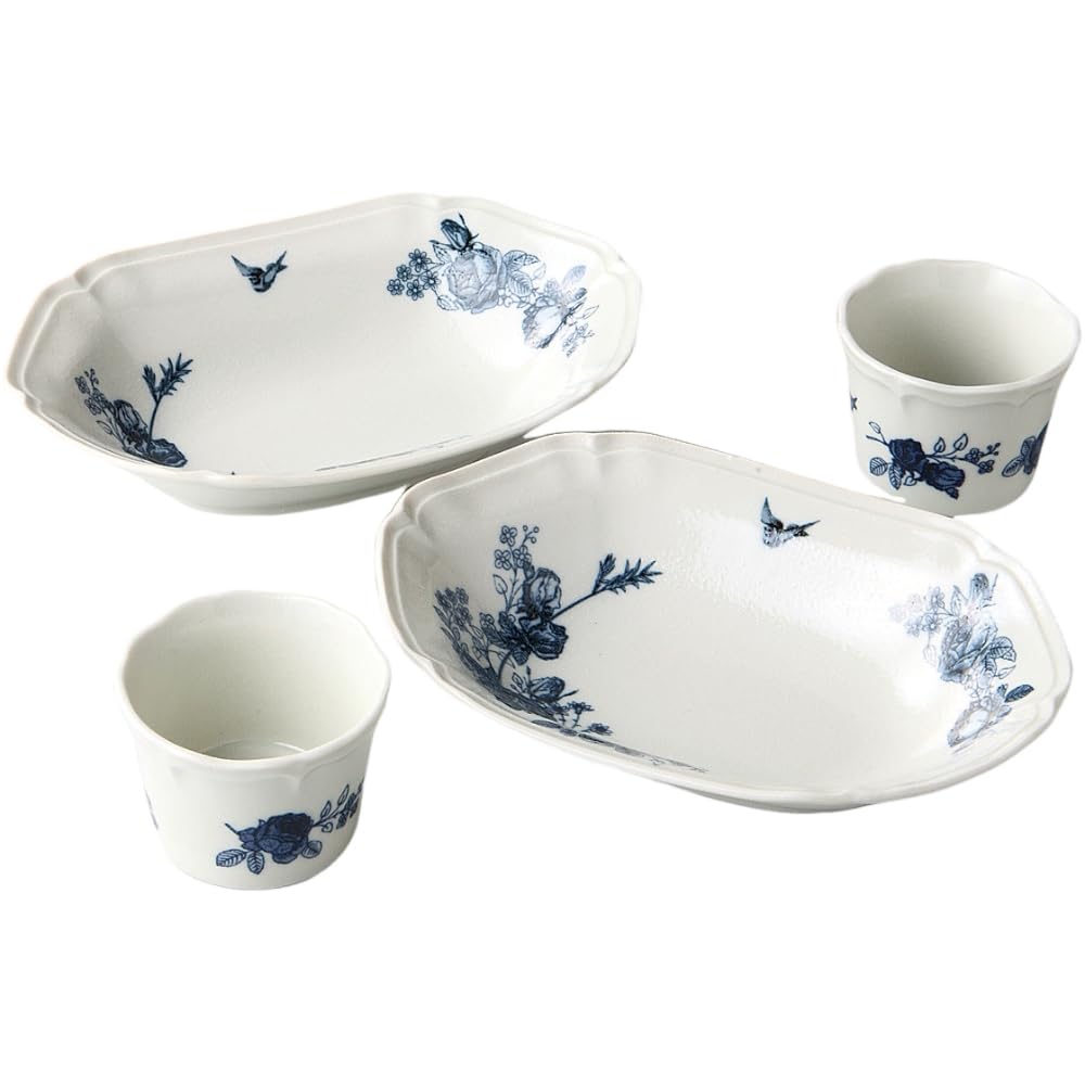

Ale-net Blue Rose Baker & Cup Set (4-Piece Set), Mino Ware Porcelain, Made in Japan, 23cm W x 16cm D x 5cm H