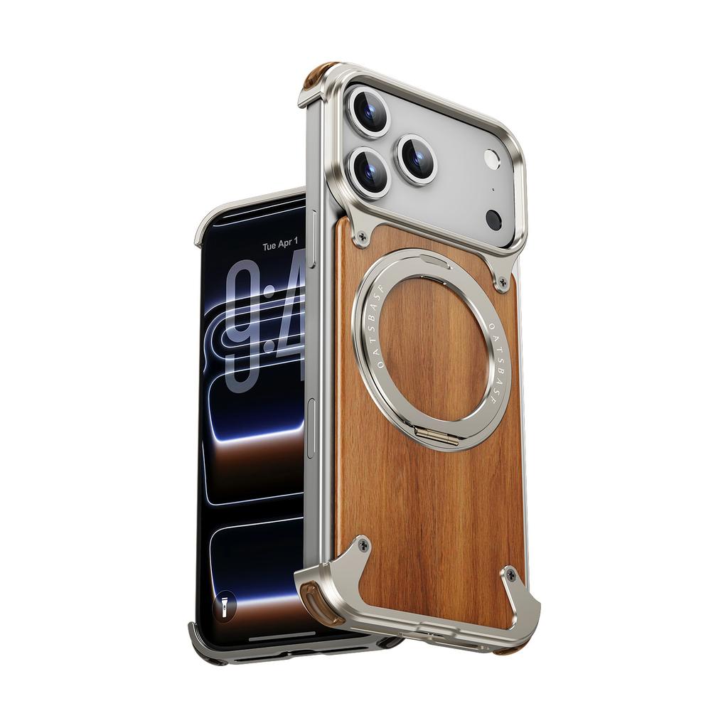 Oatsbasf Solid Wooden Phone Case for iPhone 17 Pro Max/Air/16 Pro with Stand 360° Rotatable Magnetic Shockproof Protective Cover