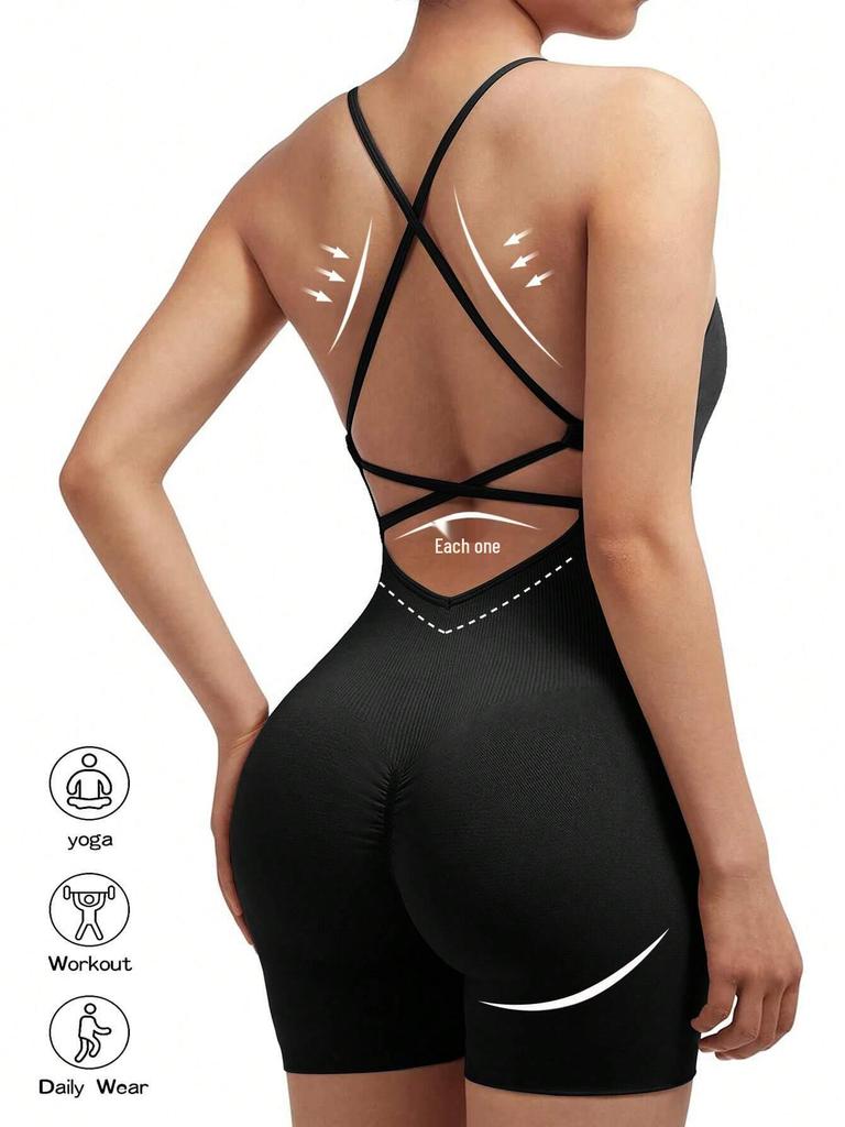 Seamless Peach Butt Yoga Bodysuit with Spaghetti Straps and Open Back