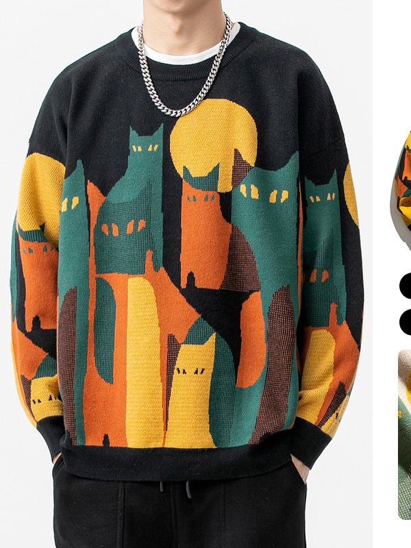 2025 American-Japanese Trendy Cat Pattern Round Neck Men's Sweater - Autumn Loose Fit Knitwear
