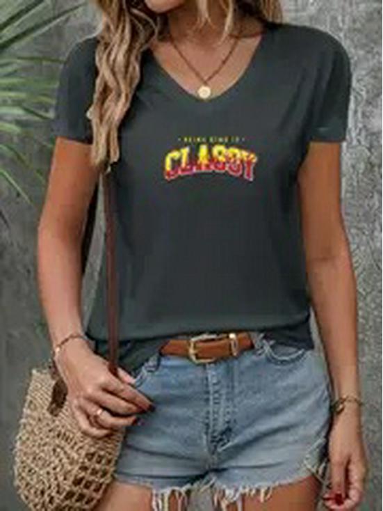 

Женский топ с V-образным вырезом, коротким рукавом и европейским и американским принтом, 2024 M серый