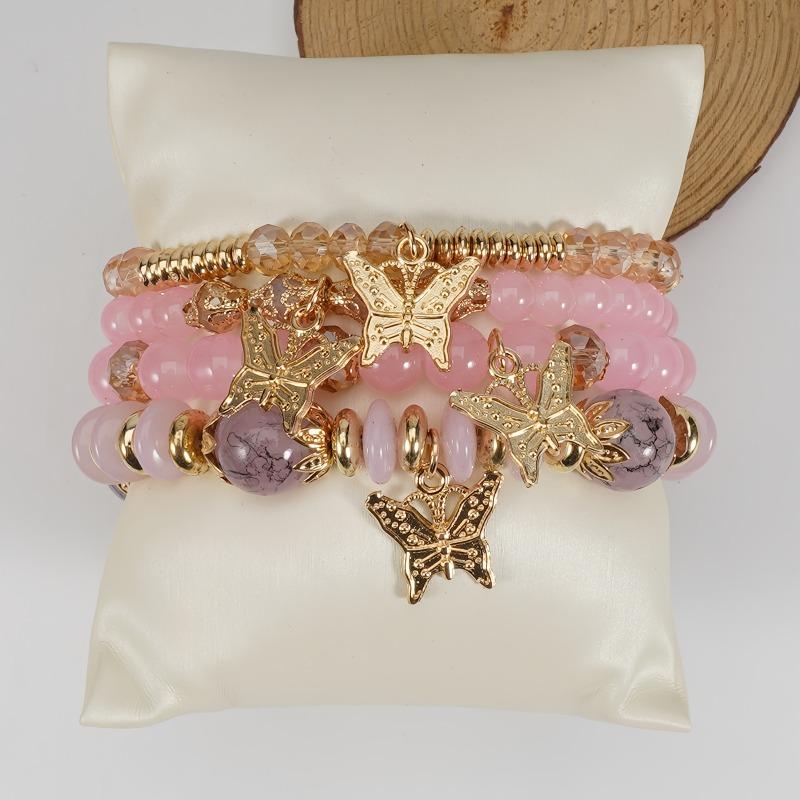 4Pcs Bohemian Butterfly Beaded Bracelets, Crystal Zinc Alloy Pendant, Ladies Daily Party Jewelry