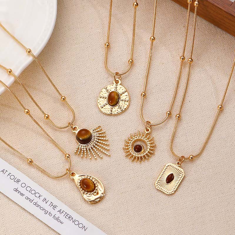 iF ME 5PCS Vintage Brown Opal Pendant Necklaces for Women Maillard Gold Color Metal Geometric Choker Necklaces Y2K Jewelry Accessories