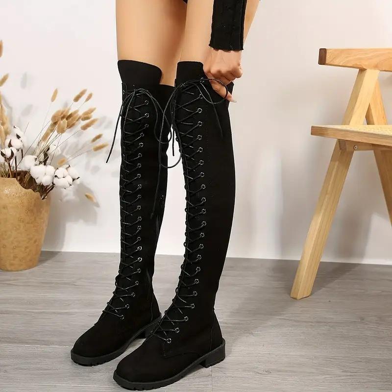 2026 New Winter Foreign Trade Large Size Long Boots European and American Round Head Strap 43 Size Women's Boots Leather Boots