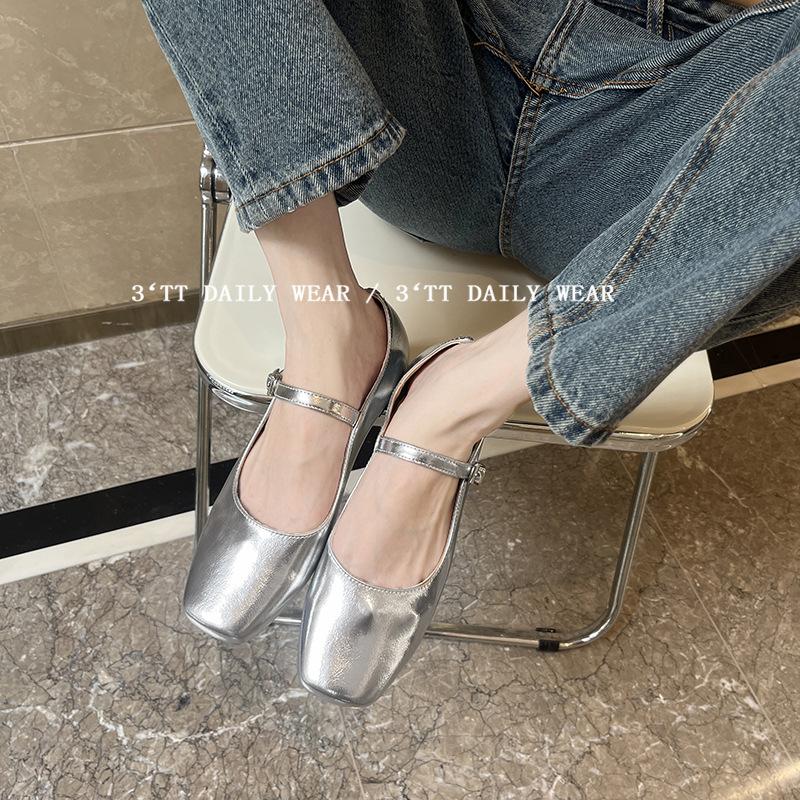 Leather One-word Belt Silver Mary Jane Shoes Light Mouth Round Head Single Shoes Women's 2025 Spring New Women's Shoes Korean Version Trend