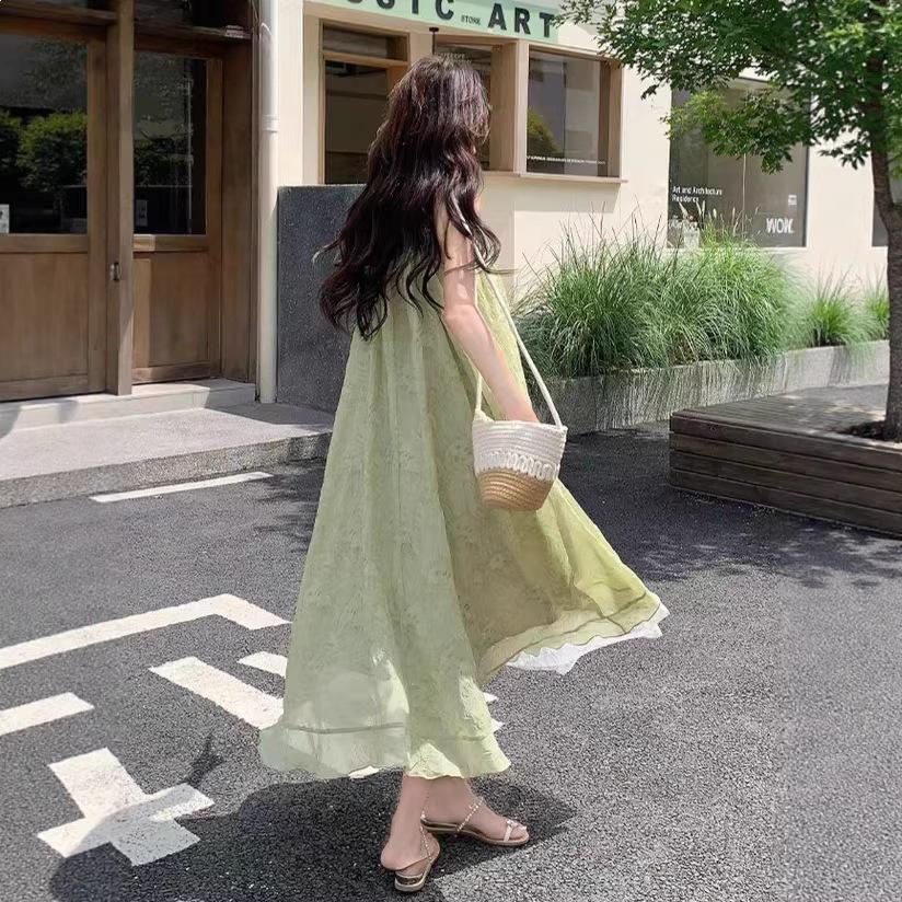 Green Mori Floral Suspender Dress Women's Summer New French Seaside Vacation Chiffon Irregular Long Dress