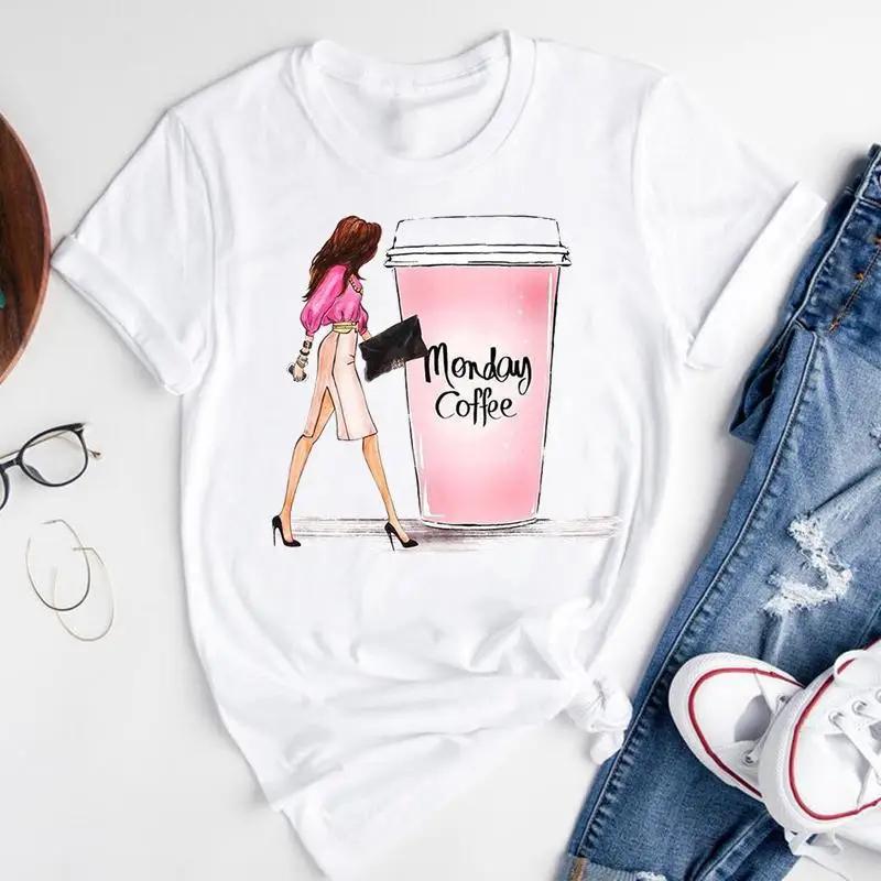 T-shirt Estiva alla Moda con Stampa di Ragazza del Caffè Cartone Animato, Top Casual da Donna, Magliette Grafiche Vintage, Maglietta Pro Choice