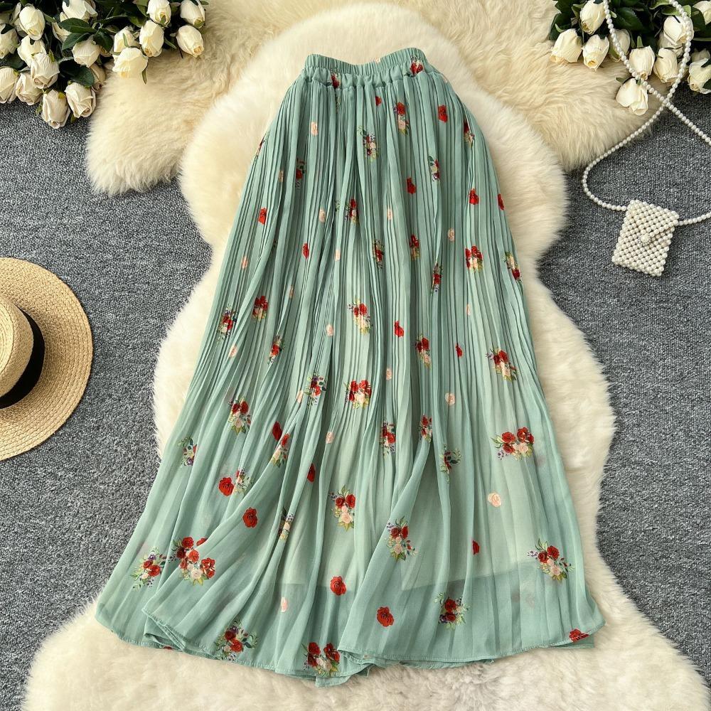 Women's High Waist Floral Chiffon Pleated Maxi Skirt A-Line Flowy Skirt for Summer Daily Wear