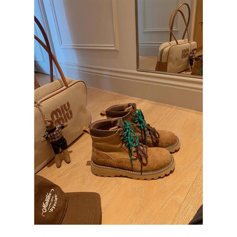 Cowhide Short Boots Double Shoelaces Platform Classic Leather Martin Boots Women's Outdoor Mountaineering Tooling Boots