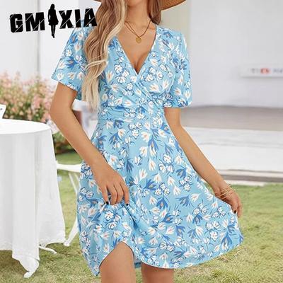 Women's Sundress Summer Floral Short Sleeve Wrap V-Neck Dresses