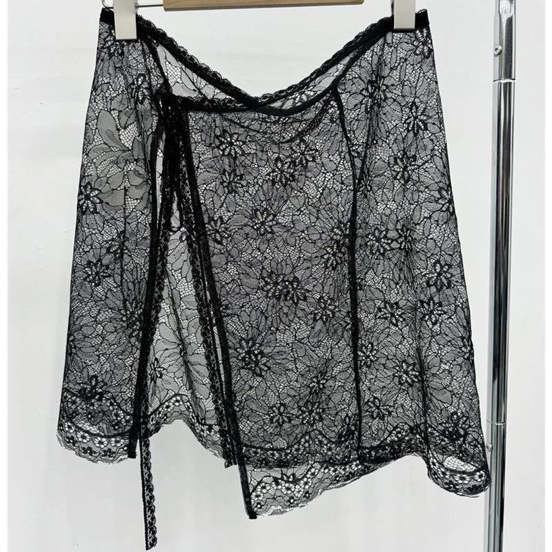 

Korean Lace-Up See-Through One-Piece Dress with Lace Trim Tulle Skirt and Layered Design One Size