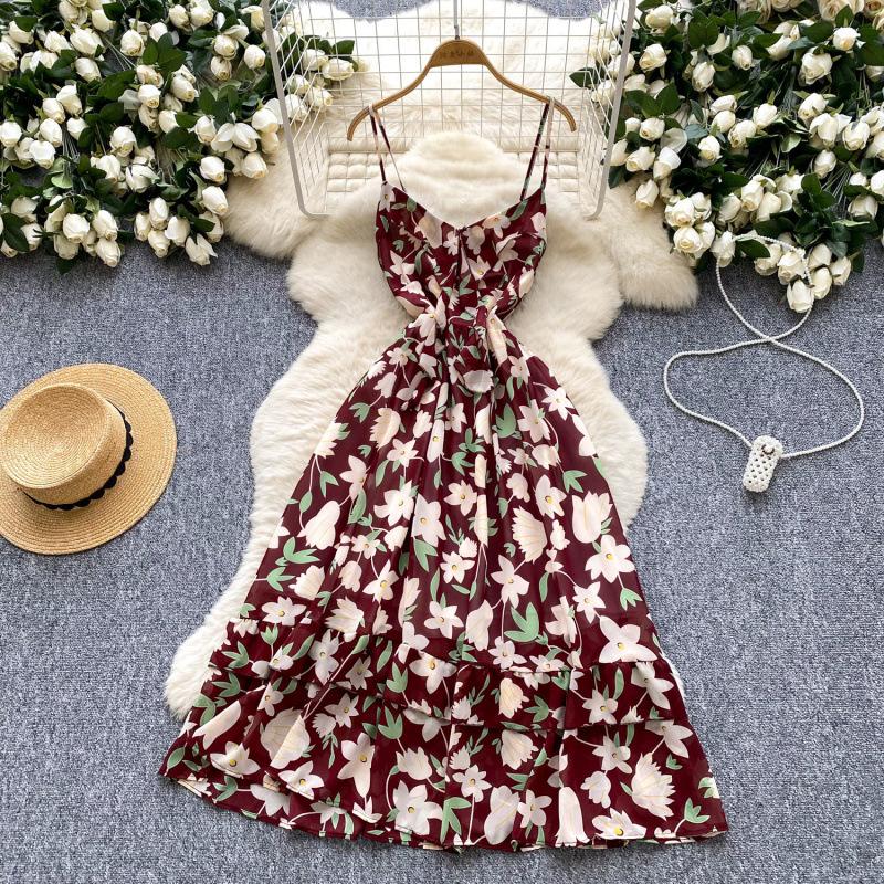 French romantic atmosphere floral suspender dress women's summer waist thin ruffle hem design beautiful long dress