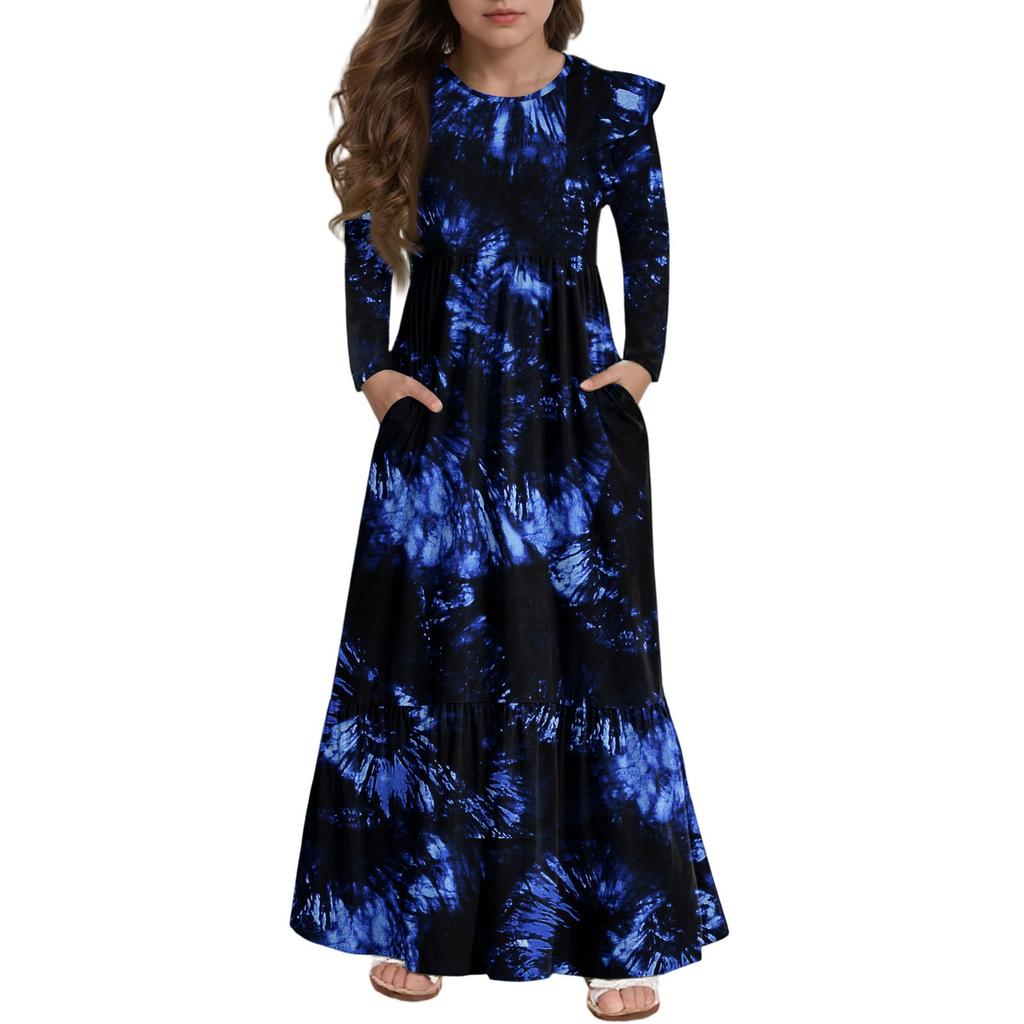 Mädchen Stufenkleid mit Rüschen Halloween Tag - Langärmeliges Maxikleid mit Druck und Taschen