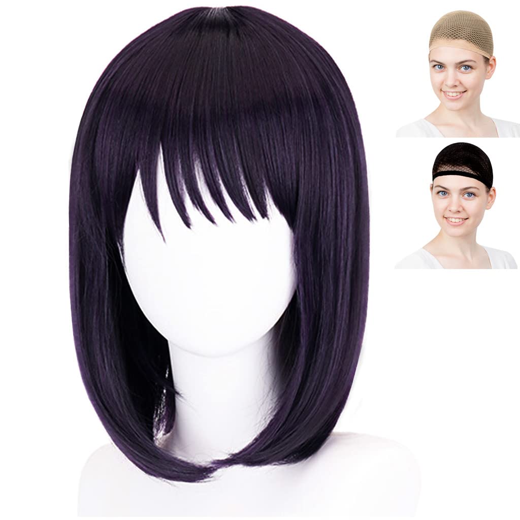 CaseEden Cosplay Wig, Short, 35cm, Heat-Resistant, Dark Purple, Includes 2 Wig Nets