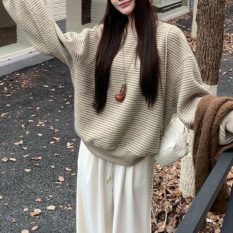 Retro Striped Round Neck Hooded Long-sleeved Sweatshirt Women Autumn New Korean Style Loose Student Top