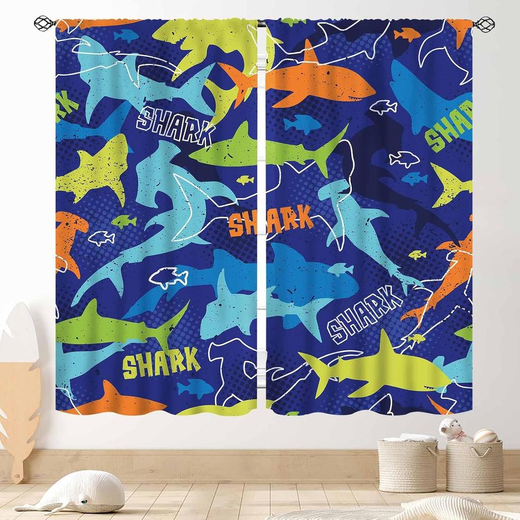 Dinosaur Curtains Boys Room Cartoon Dino Navy Blue Safari Animal Outer Space Planet Astronaut Theme Baby Window Curtain Blackout Polyester