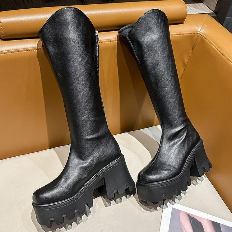 Autumn British Muffin Bottom Round Head Thick Heel Boots Women's Rear Zipper Thick Sole But Knee High Heel Fashion Boots