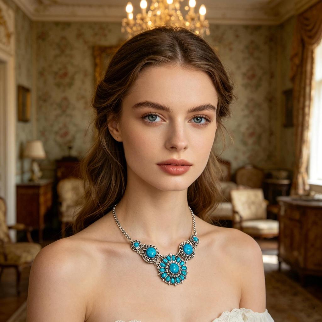 Bohemian Vintage Sunflower Necklace Luxury Blue Turquoise Necklace Vintage Ethnic Style Necklace