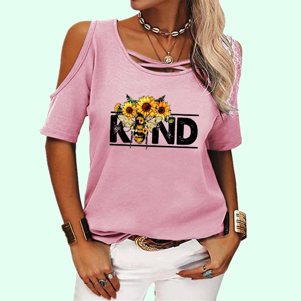 Women Fashion Shoulder Short Tee Shirt Round Collar Off Sleeve Top Ladies Casual Print T-shirt