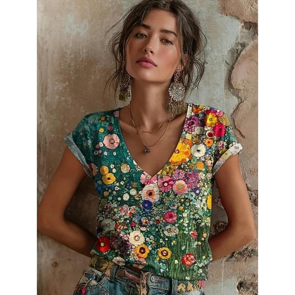 2026 Women s Floral T-shirt Summer Short-sleeved Casual Loose Retro Streetwear Fashion Women S