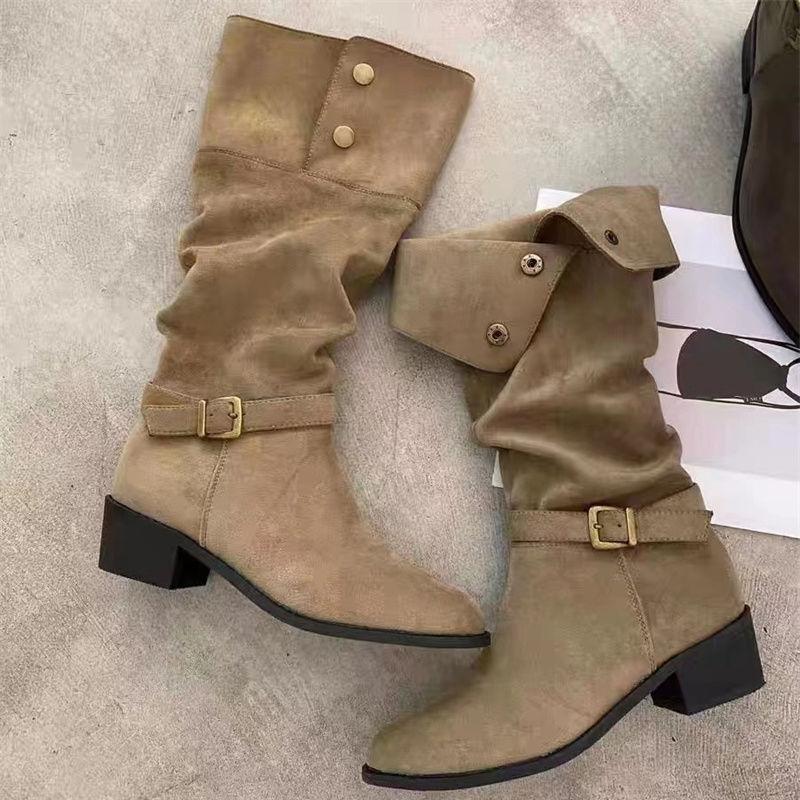 Belt Buckle Medium Heel Thick Heel Tall Tube Thin 2025 New Autumn Thin Boots Suede Brown Single Boots Long Boots Versatile