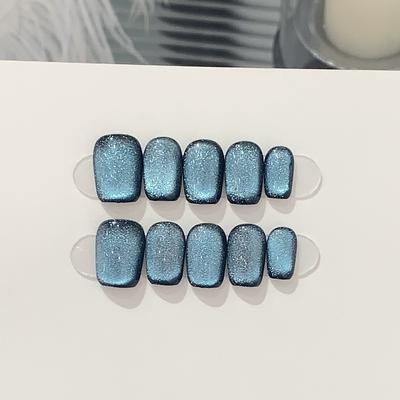 Handmade Cat Eye Nail Art Pure Black Base Smurf Cat Eye Sea Salt Ice
