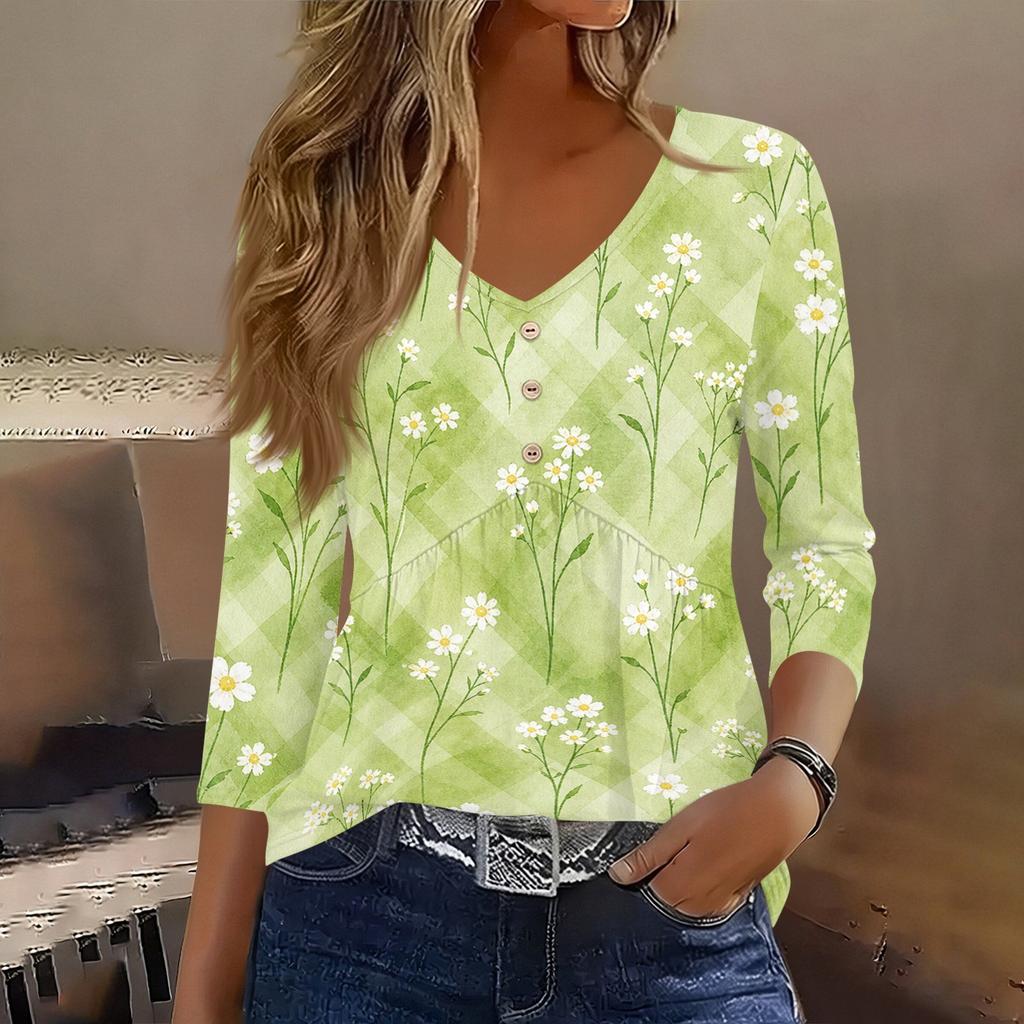 Womens 3/4 Sleeve V Neck Button Detail Floral Print Tunic Top Casual Lightweight Blouse for Daily Wear
