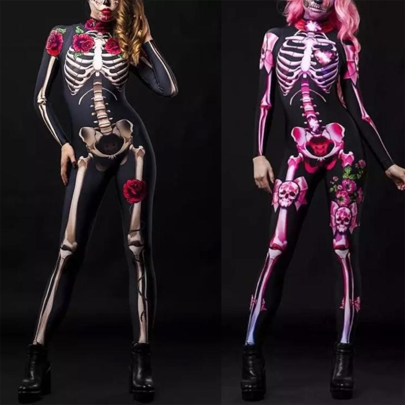 Women Halloween Party Costume Turtleneck Skull Print Long Sleeve Jumpsuit Outfit Scary Skeleton Bodysuit for Adults