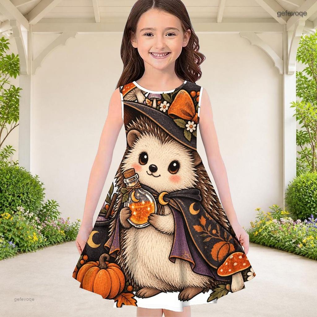 Girls Round Neck Sleeveless Cartoon Chicken Pumpkin Printed A Line Flared Dress