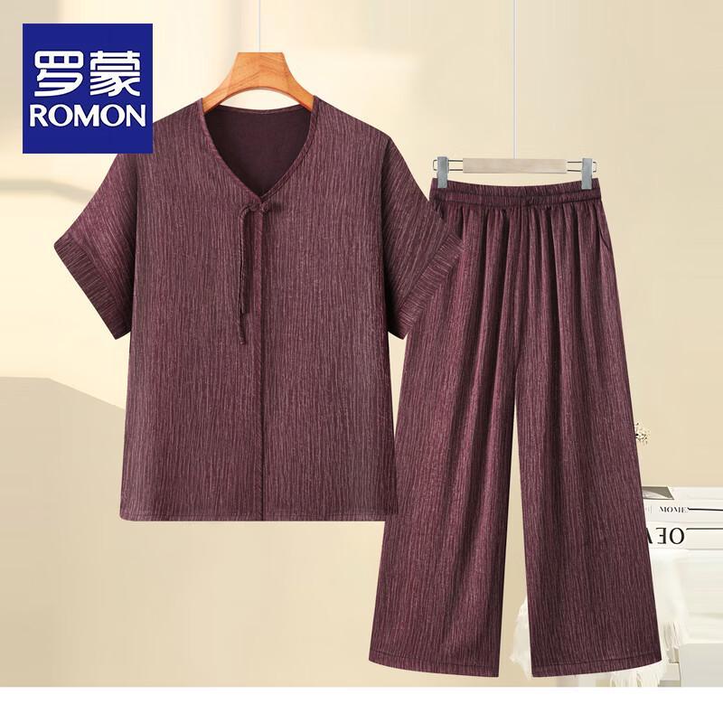 ROMON Women s Mid-Aged Summer Short Sleeve Two-Piece Set XL