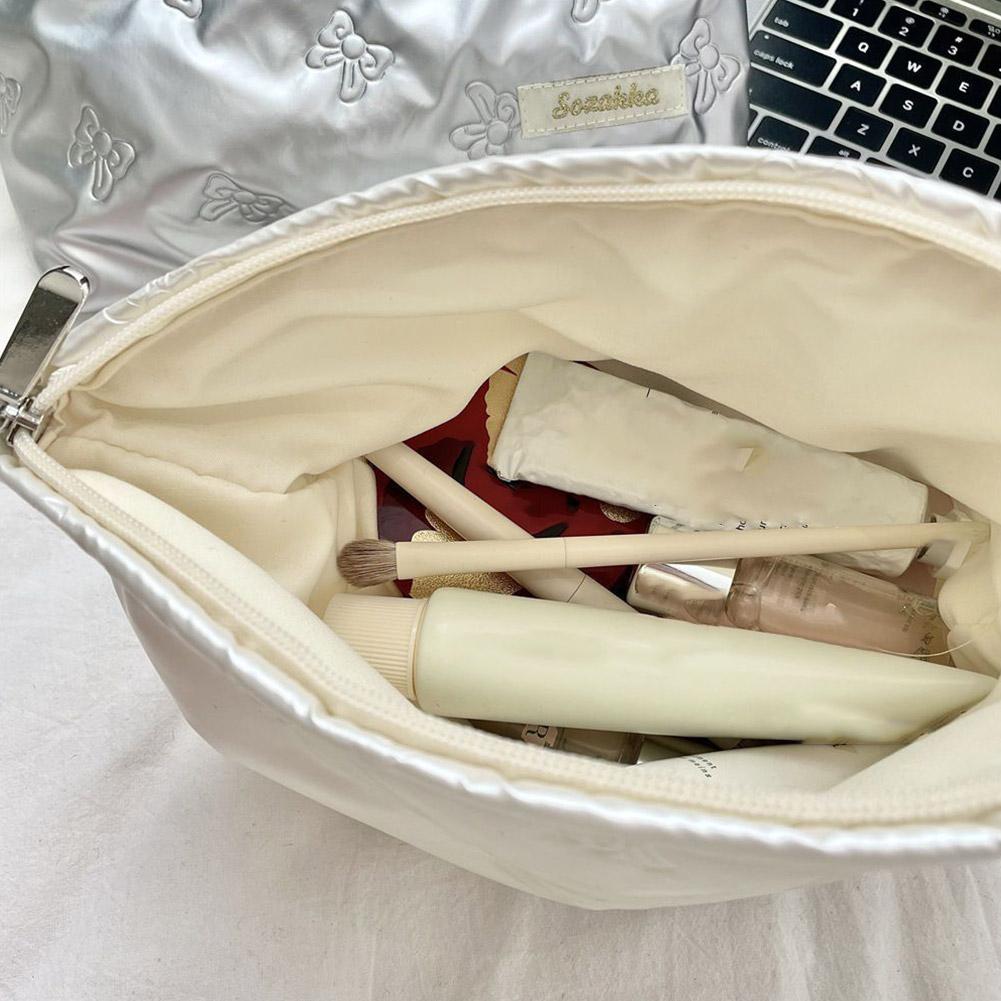 Bow Print Quilting Cosmetic Bag Hand-held PU Korean Style Makeup Bag Handbag Makeup Bags Multifunctional Storage Bag