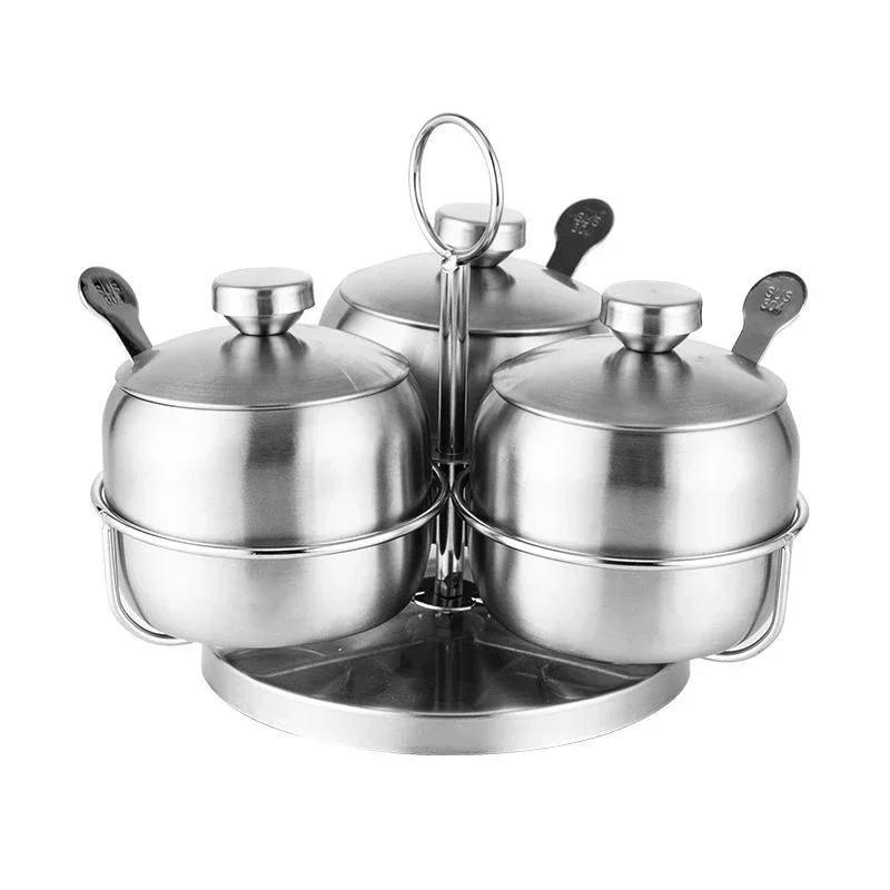 304 Stainless Steel Seasoning Jars Creative 360° Rotating Salt Sugar Bowl Spice Jar with Lid Kitchen Condiment bottle with Spoon