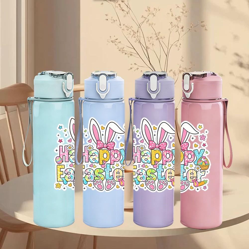 1PC Happy Easter Doodle Letter Print 750ml Color Plastic Sports Water Bottle Leakproof Flip Straw Lid Suitable for Sports Office Home Use