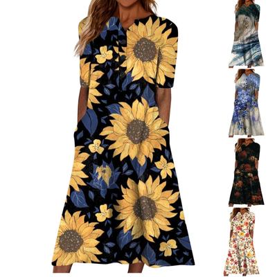 Summer Dress For Women 2023 Casual Printed V-Neck Short-Sleeve Beach Swing Dress