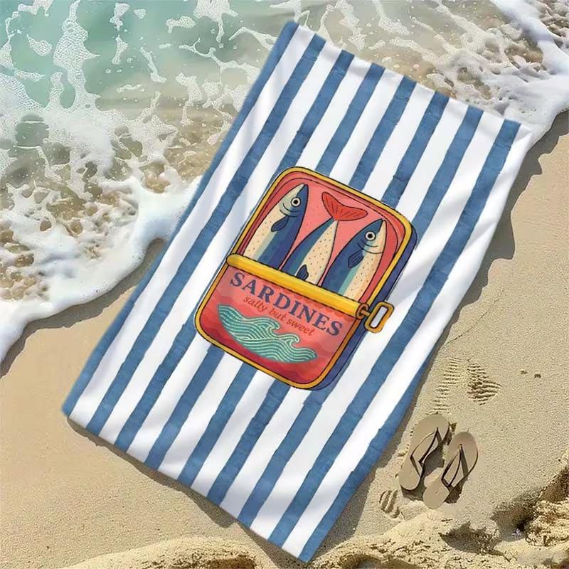 Vintage Sardinen Strandtuch Retro Fischkonserve Design Schnelltrocknend Mikrofaser Großes Sandfestes Handtuch für Sommer Schwimmbad Urlaub