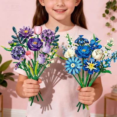 Ungiftiges Knew Built 3D Ewiges Blumenstrauß Bausteine Spielzeug - DIY Jubiläumsgeschenk für Kinder Heimdeko Festliches Geschenk Schreibtischornament